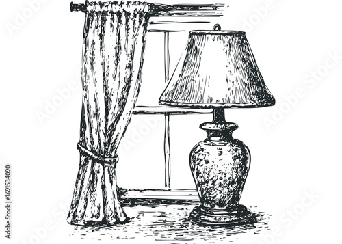 Vintage Table Lamp With Drape Near Window. Vector hand drawn illustration