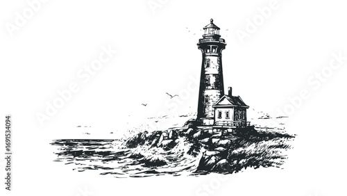 Pencil sketch of a lighthouse on a rocky coast with crashing waves and seagulls. Vector hand drawn illustration