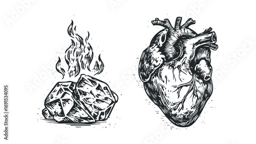Woodcut style human heart with burning charcoal. Vector hand drawn illustration