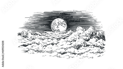 Pencil sketch of a full moon rising over a cloud formation on a starry night. Vector hand drawn illustration