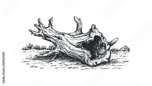 Detailed drawing of weathered fallen tree stump lying on ground with sparse vegetation. Vector hand drawn illustration