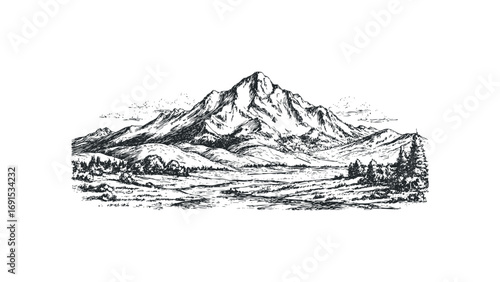 Pencil sketch of a vast mountain range and valley with trees and river. Vector hand drawn illustration