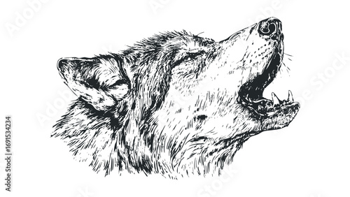 Black and white sketch of wolf head howling on transparent background. Vector hand drawn illustration