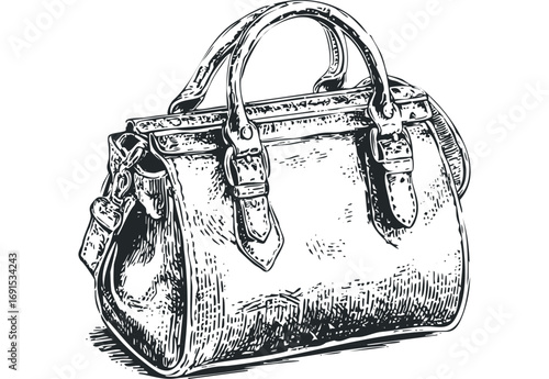 Sketch of a Vintage Handbag with Buckles and Straps. Vector hand drawn illustration
