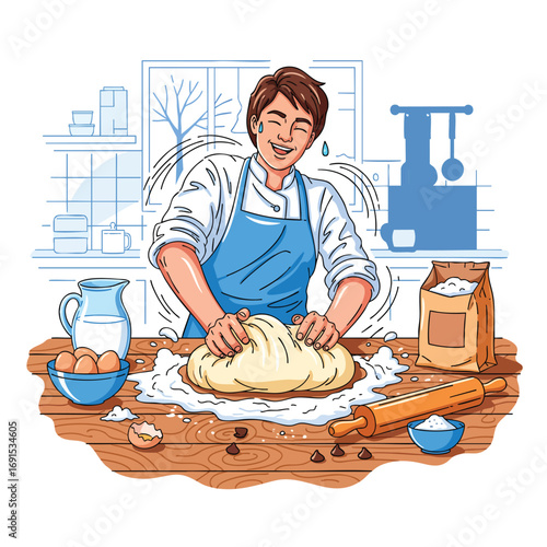 Joyful male baker in a blue apron passionately kneading fresh dough on a wooden kitchen counter.