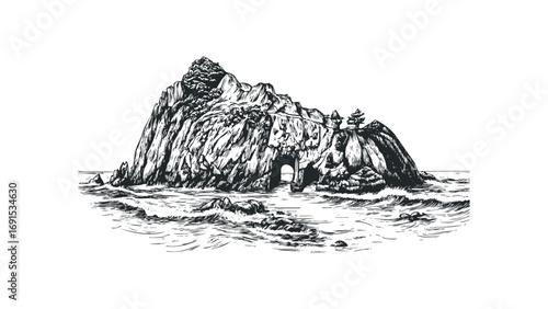 Hand drawn island rock formation with sea cave and ocean waves on transparent background. Vector hand drawn illustration