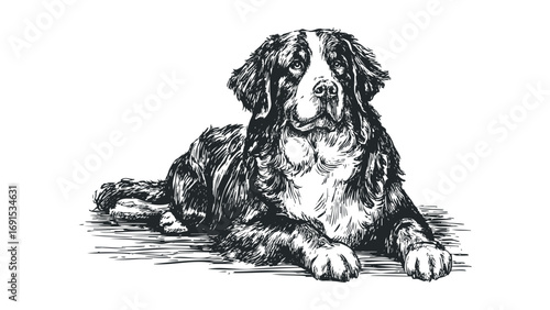 Pensive Bernese Mountain Dog Portrait. Vector hand drawn illustration