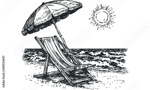 Beach umbrella and deck chair on sandy shore with ocean waves and sun. Vector hand drawn illustration