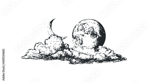 Full moon and crescent moon peeking through clouds image. Vector hand drawn illustration