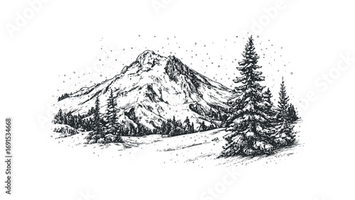 Hand drawn winter mountain with pine trees and falling snow. Vector hand drawn illustration