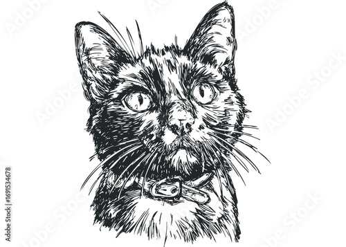 Detailed sketch of a black cat with collar on a transparent background. Vector hand drawn illustration