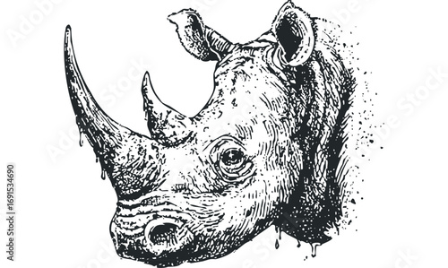 Ink sketch of a rhinoceros head with a prominent horn on transparent background. Vector hand drawn illustration