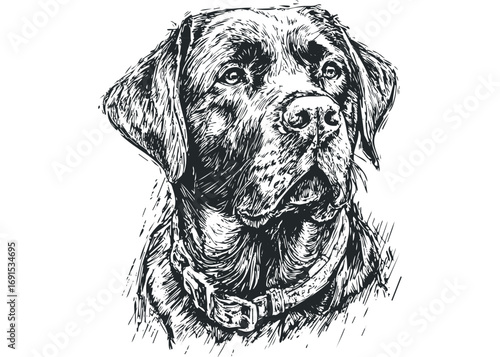 Sketch of a Labrador Retriever dog head with collar on transparent background. Vector hand drawn illustration
