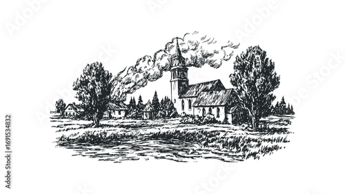 Pen and ink sketch of a village church with smoking chimney on a transparent background. Vector hand drawn illustration