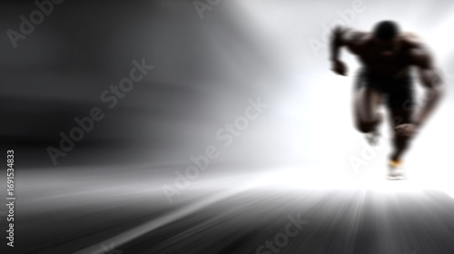Dark blurry silhouette of a powerful male athlete sprinting with intense motion blur and speed effect