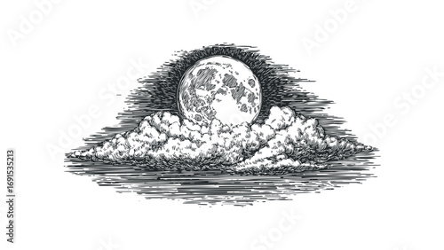 Full moon peeking through clouds, engraved style. Vector hand drawn illustration