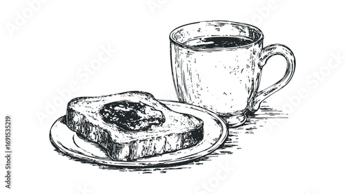 Hand drawn breakfast scene with coffee cup and toast with jam on plate. Vector hand drawn illustration