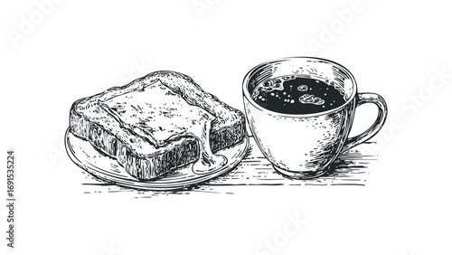 Toast with melted cheese and a cup of coffee on a saucer. Vector hand drawn illustration