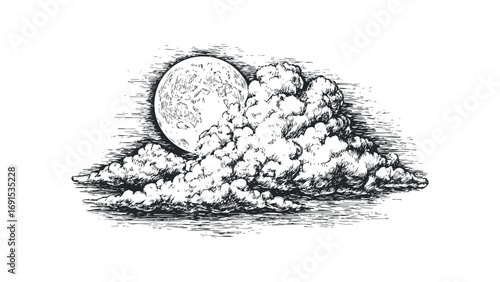 Ink drawing of moon partially obscured by textured clouds, isolated on white. Vector hand drawn illustration