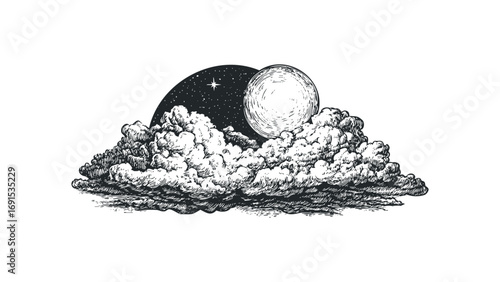 Ink drawing of a full moon behind clouds on a starry night sky. Vector hand drawn illustration