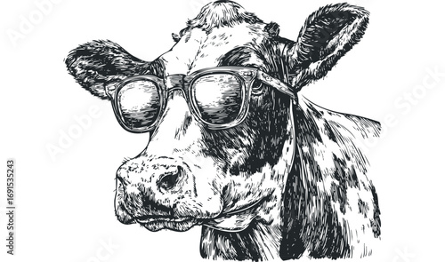 Whimsical Cow Wearing Sunglasses on Transparent Background. Vector hand drawn illustration