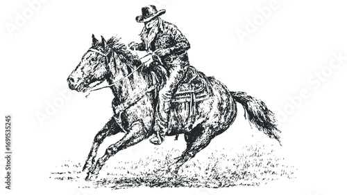 Linocut cowboy on horse galloping through grass. Vector hand drawn illustration