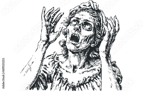 Distressed ancient figure with hands clasped in anguish, on white. Vector hand drawn illustration