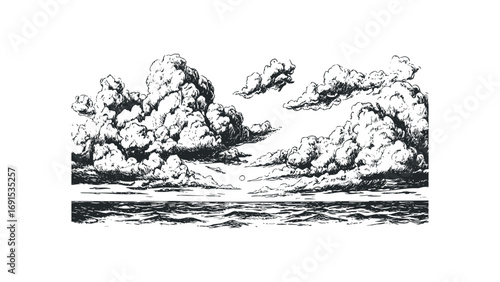 Dramatic cumulus clouds over wavy ocean illustration. Vector hand drawn illustration