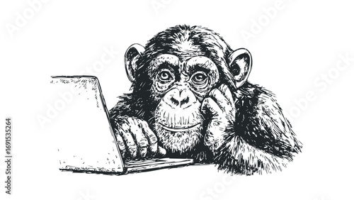 Chimpanzee thoughtfully resting head on hands near laptop computer on transparent background. Vector hand drawn illustration