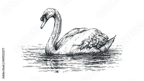 Pencil sketch of a swan swimming on wavy water, isolated on transparent. Vector hand drawn illustration