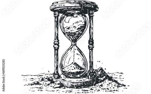 Hourglass with sand pouring on rocky ground. Vector hand drawn illustration