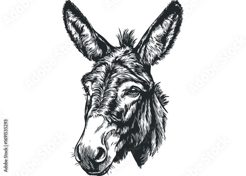Detailed sketch of a donkey head with long ears on transparent background. Vector hand drawn illustration