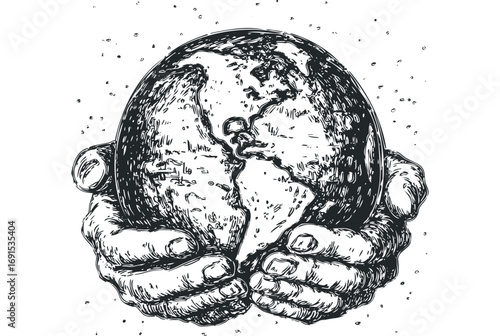 Hands cradling planet Earth, graphic style, on transparent background. Vector hand drawn illustration