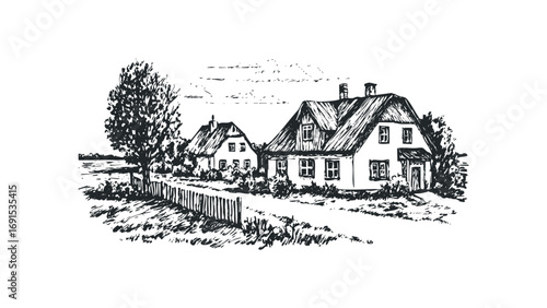 Two detached houses and a tree sketched on a white background. Vector hand drawn illustration
