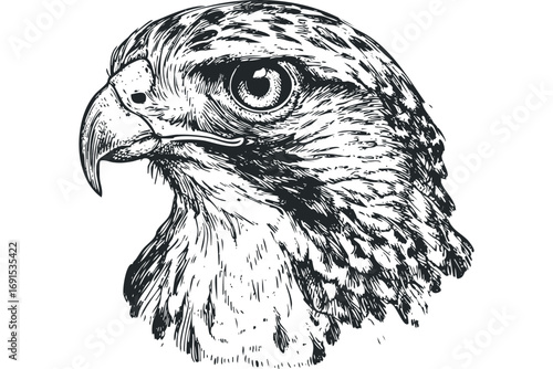 Pen and ink sketch of a falcon head on transparent background. Vector hand drawn illustration