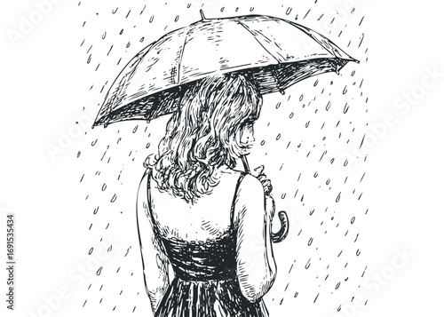 Woman holding umbrella in the rain. Vector hand drawn illustration