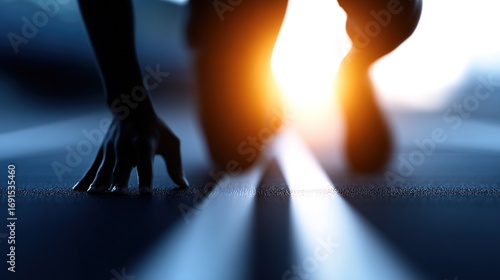 Silhouetted athlete at the starting line on a textured dark track bathed in warm bright light