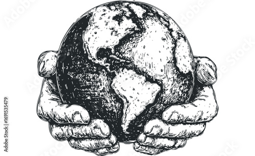 Hands cradling planet Earth in a sketch style on a transparent background. Vector hand drawn illustration