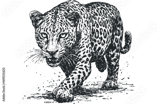Leopard Walking Image With Transparent Background. Vector hand drawn illustration
