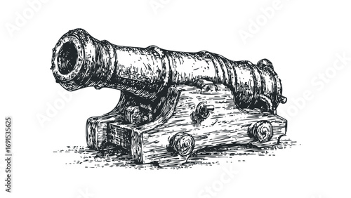 Antique cannon on wooden carriage with wheels image. Vector hand drawn illustration