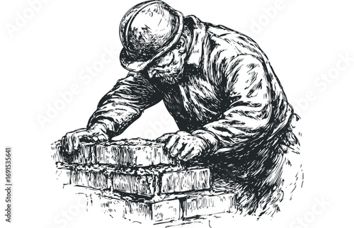 Skilled construction worker in hard hat building brick wall on transparent. Vector hand drawn illustration