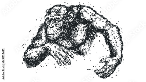 Monkeys face with expressive eyes and textured fur image. Vector hand drawn illustration