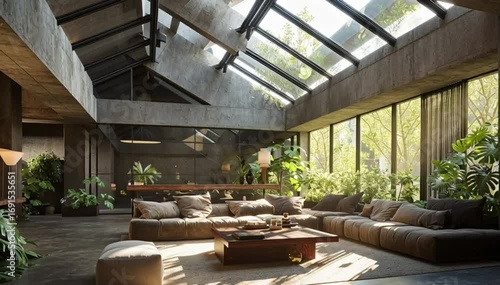 Modern Living Room with Skylights and Wooden Table