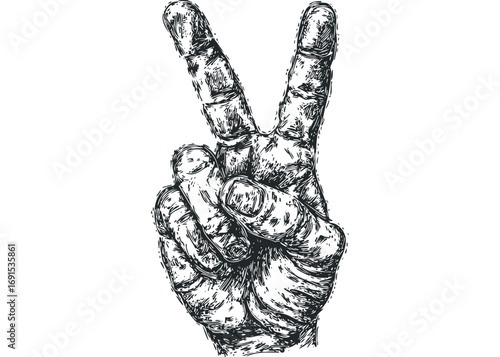Hand gesture of victory sign on transparent background. Vector hand drawn illustration