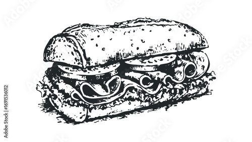 Sketch of a layered sandwich with meat and vegetables on transparent background. Vector hand drawn illustration
