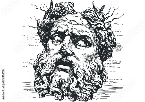 Line art bust of ancient bearded man wearing laurel crown on transparent background. Vector hand drawn illustration