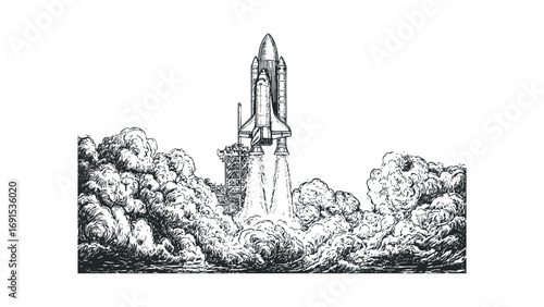 Space shuttle ascent from launchpad with dense smoke and flames. Vector hand drawn illustration