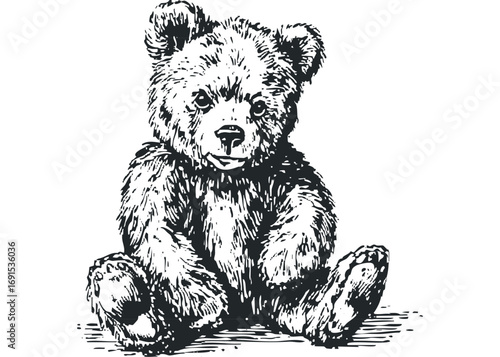 Black and white graphic of a sitting teddy bear in format on a transparent background. Vector hand drawn illustration