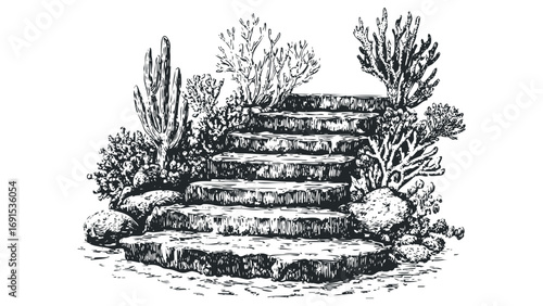 Stone Staircase Surrounded by Desert Plants and Rocks. Vector hand drawn illustration