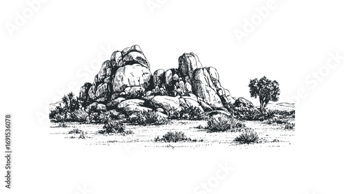 Sketch of desert landscape with rock formations and scrub brush. Vector hand drawn illustration